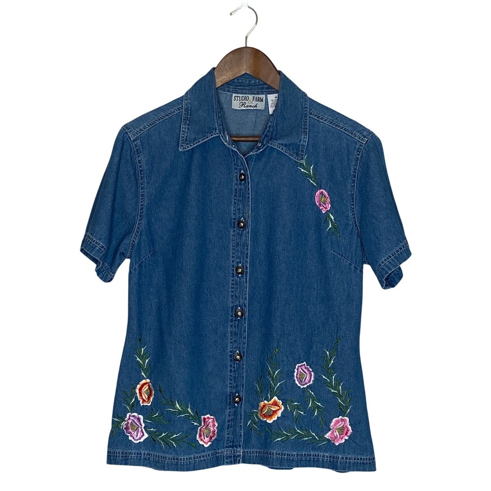 VTG Y2K Womens Embroidered Floral Denim Shirt Size M Western Cottagecore Country